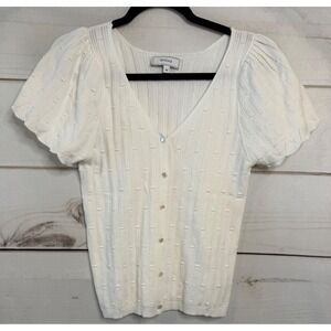 RIHOAS White Pointelle Knit Puff Sleeve Button Front Cardigan Top Size M